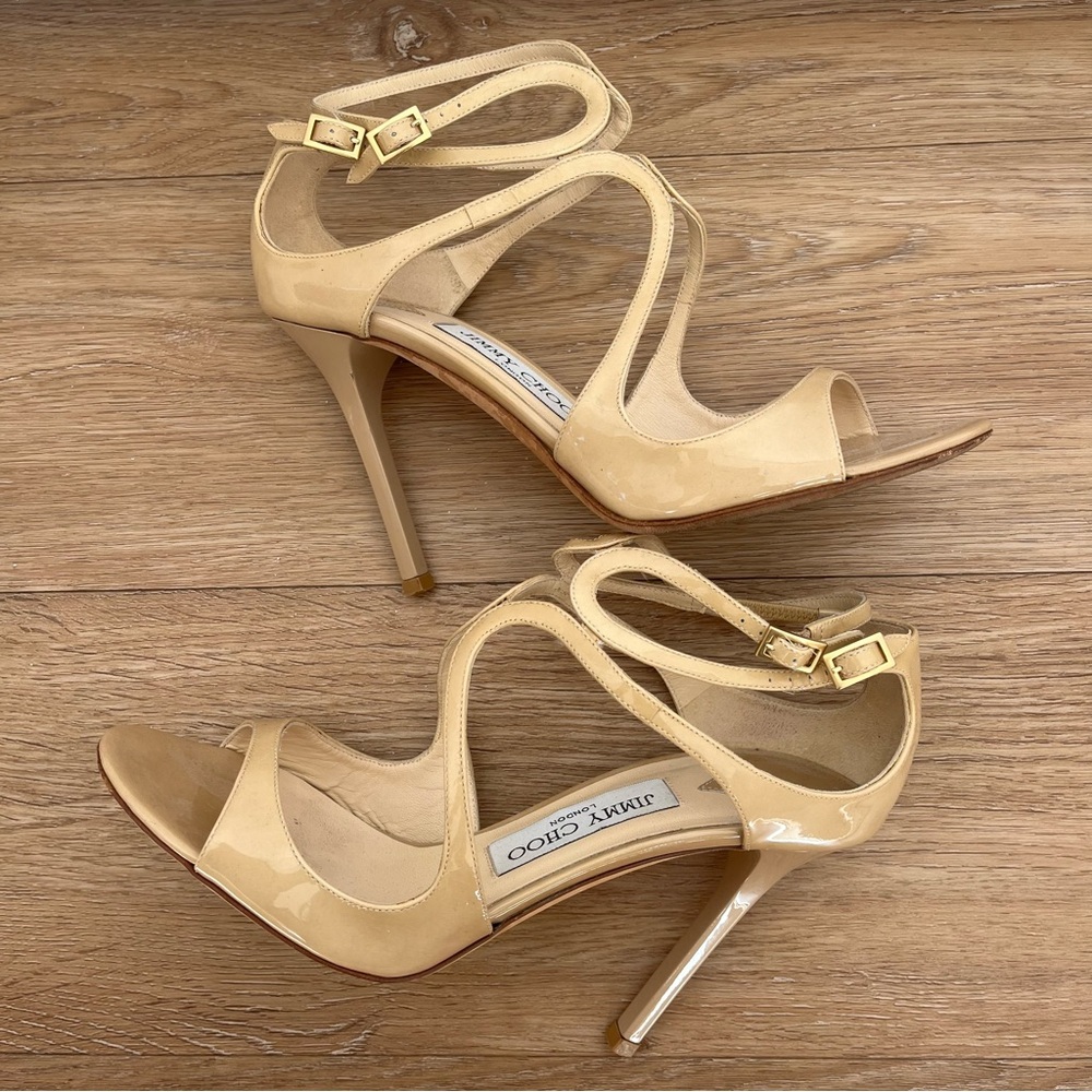 Jimmy Choo Lang Nude Patent Leather Strappy Sandals Heels 37.5 - Picture 7 of 12